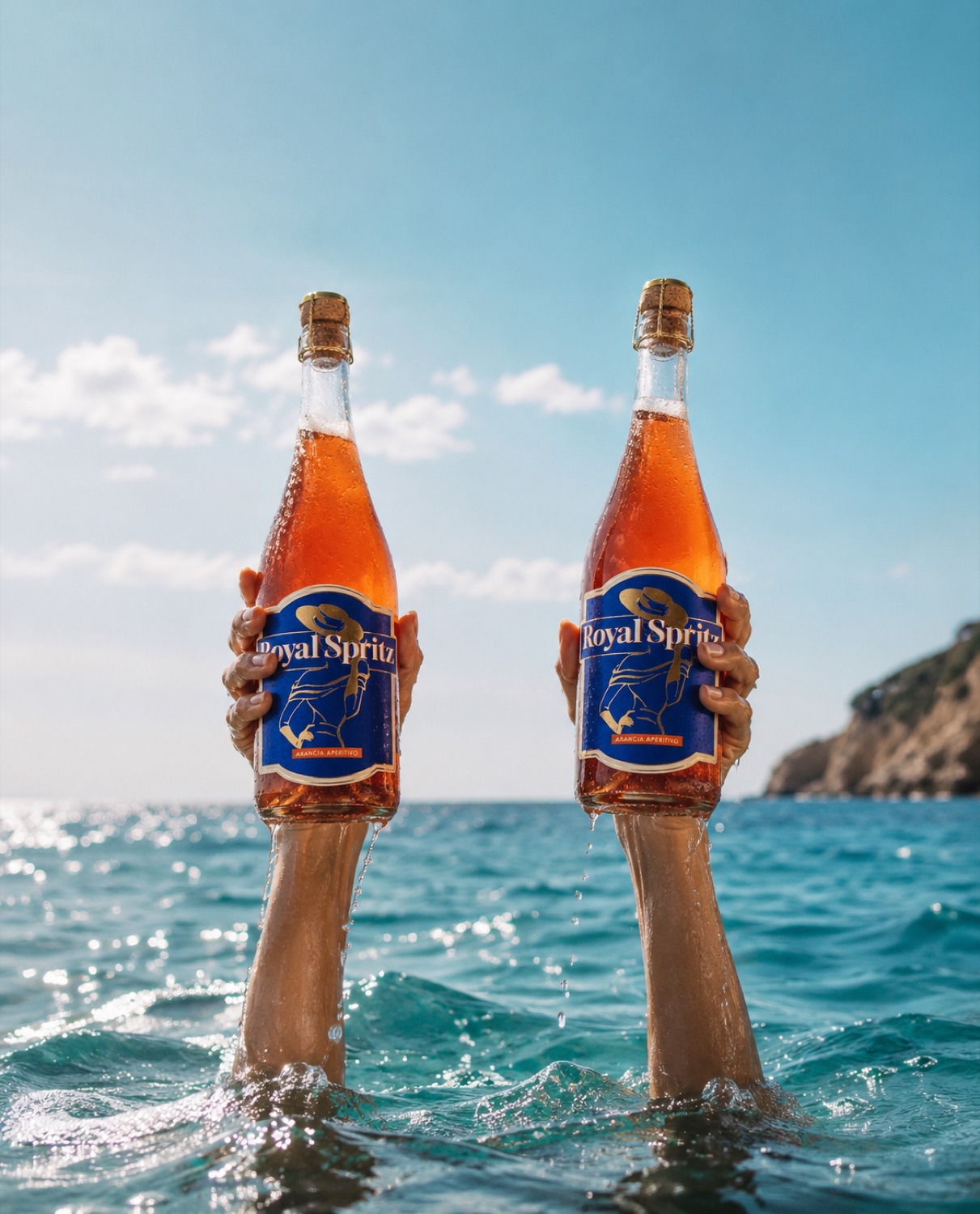 Twee flessen Royal Spritz boven zee